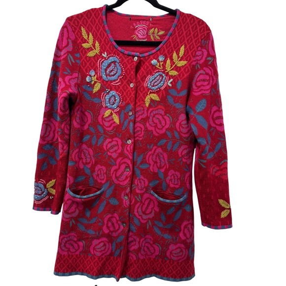 Gudrun Sjoden Sweaters - Gudrun Sjoden Roses Embroidered Button Front Cardigan Red Pink Floral‎ SM/Medium